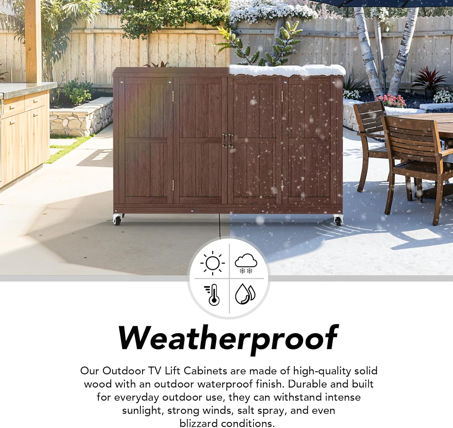 Haddockway Outdoor TV Lift Cabinet for 32–65" TVs, Solid Wood Hidden TV Lift Cabinet with Lockable Wheels, Motorized Weatherproof Outdoor TV Enclosure