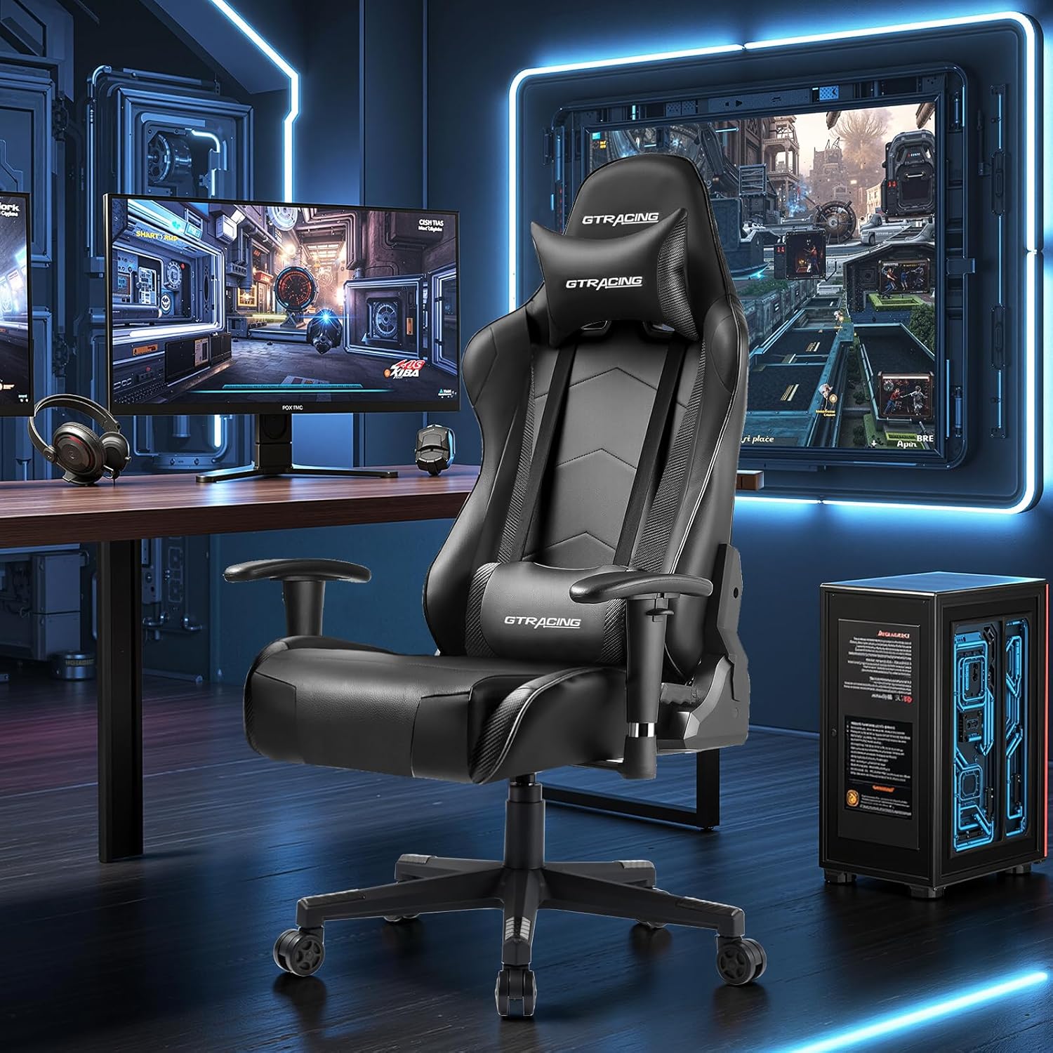 GTRACING Gaming Chair with Reclining Backrest, Adjustable Height and Swivel Base, Ergonomic Computer Chair with Headrest and Lumbar Support (Black)