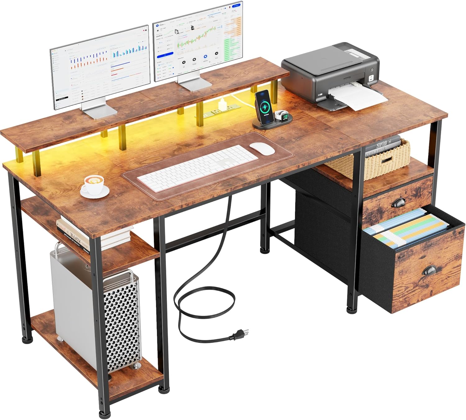 Furologee 61" Computer Desk with Power Outlet & LED Lights, Reversible Gaming Desk with File Cabinet & Monitor Stand for Home Office, Writing Study Table with Storage Shelves and Drawer, Rustic Brown