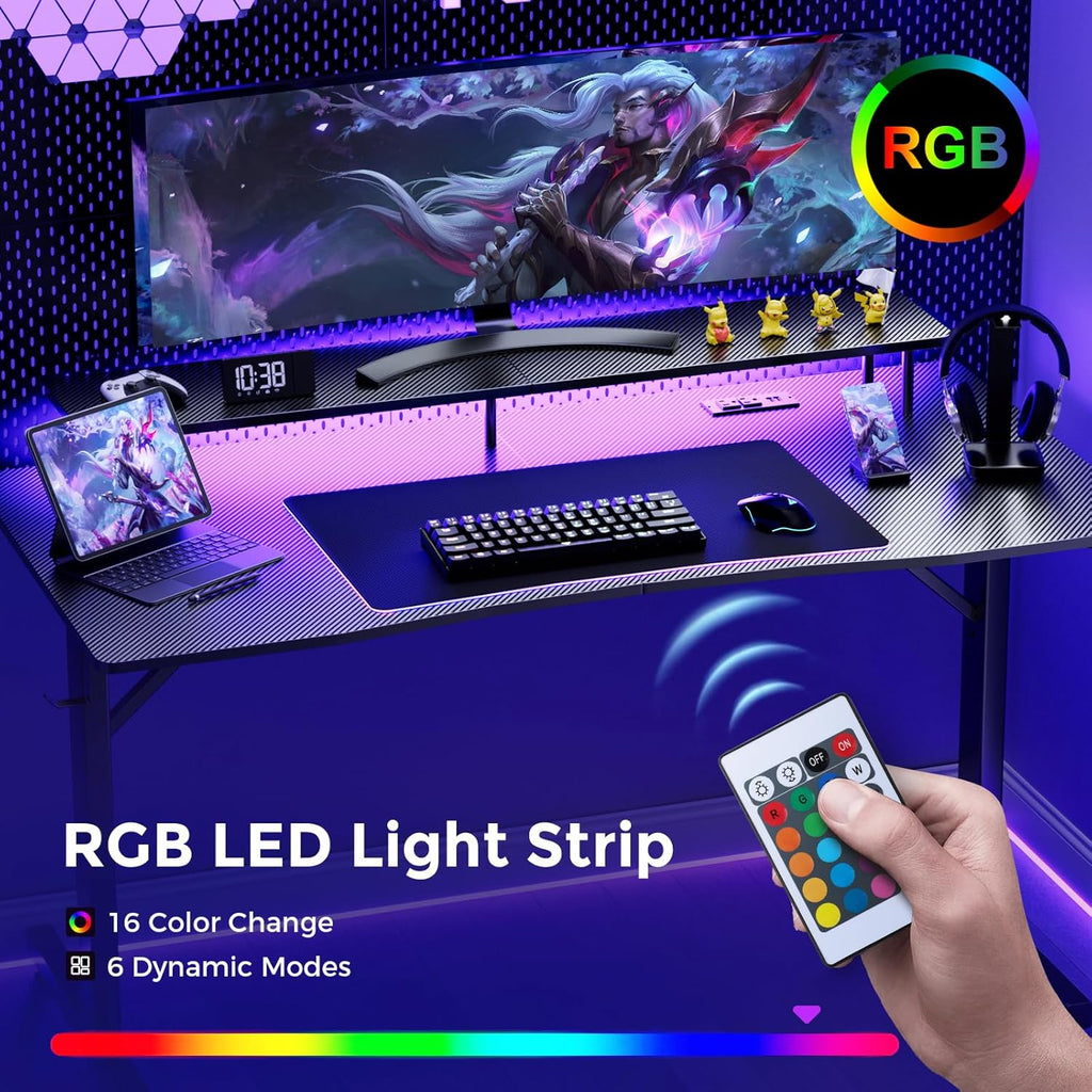 COMHOMA 55 Inch Gaming Desk with USB Charging Ports and LED Lights, Computer Desk with Monitor Stand for Home Office, Modern Gamer Desk Table with Mouse Pad & Side Hook, Colorful