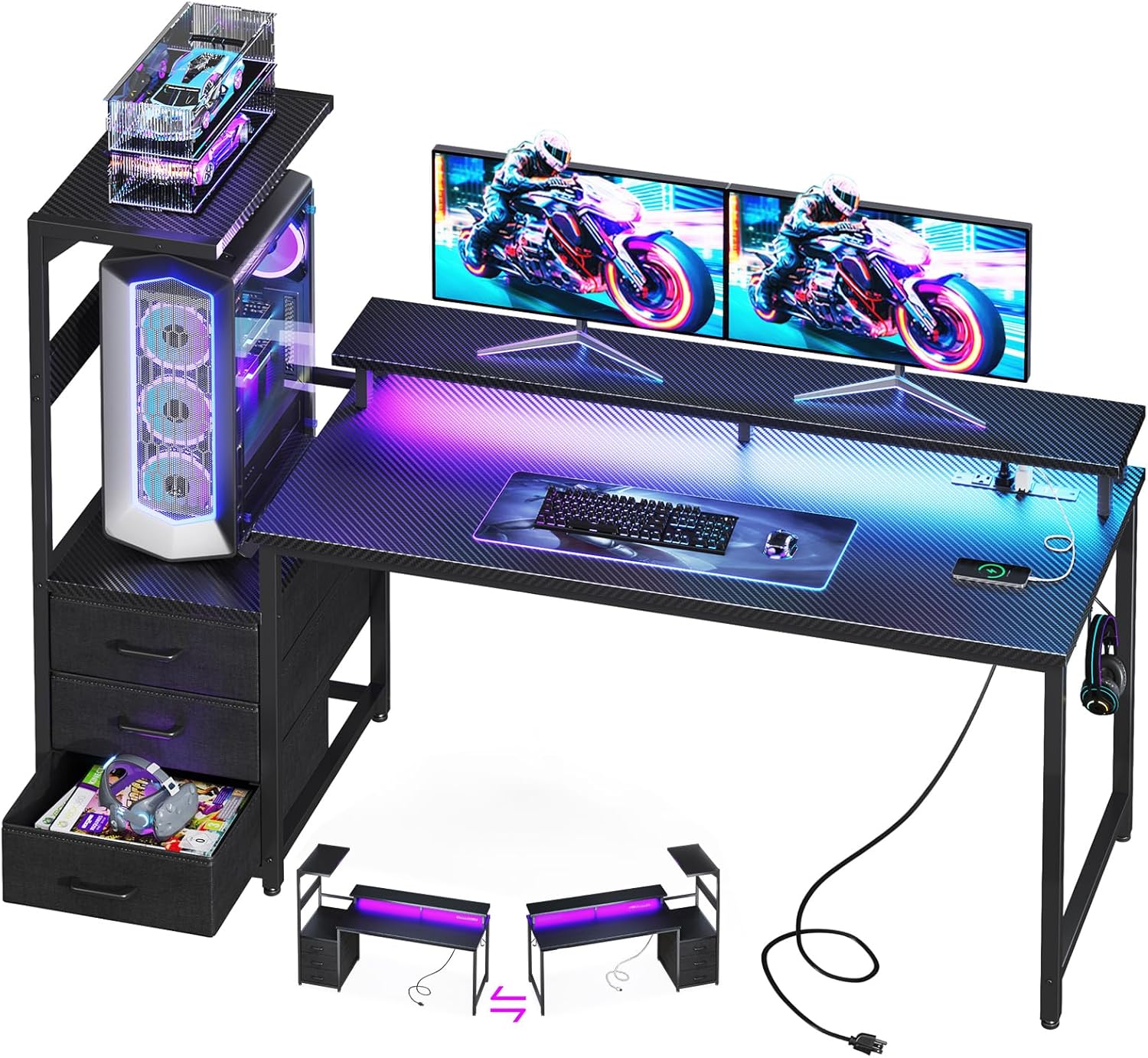 Casaottima 59 Inch Gaming Desk with USB Charging Ports & LED Light - Reversible Computer Desk with 3 Fabric Drawers, Monitor Stand, CPU Stand, and Side Hook, Modern Office Desk, Pure Black