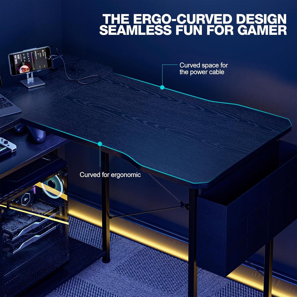 Small Gaming Desk with Power Outlets, 40 Inch L Shaped Desks with Reversible Shelves and Storage Bag,Computer Desk Corner Desk PC Desk for Gaming and Home Office Table,Black