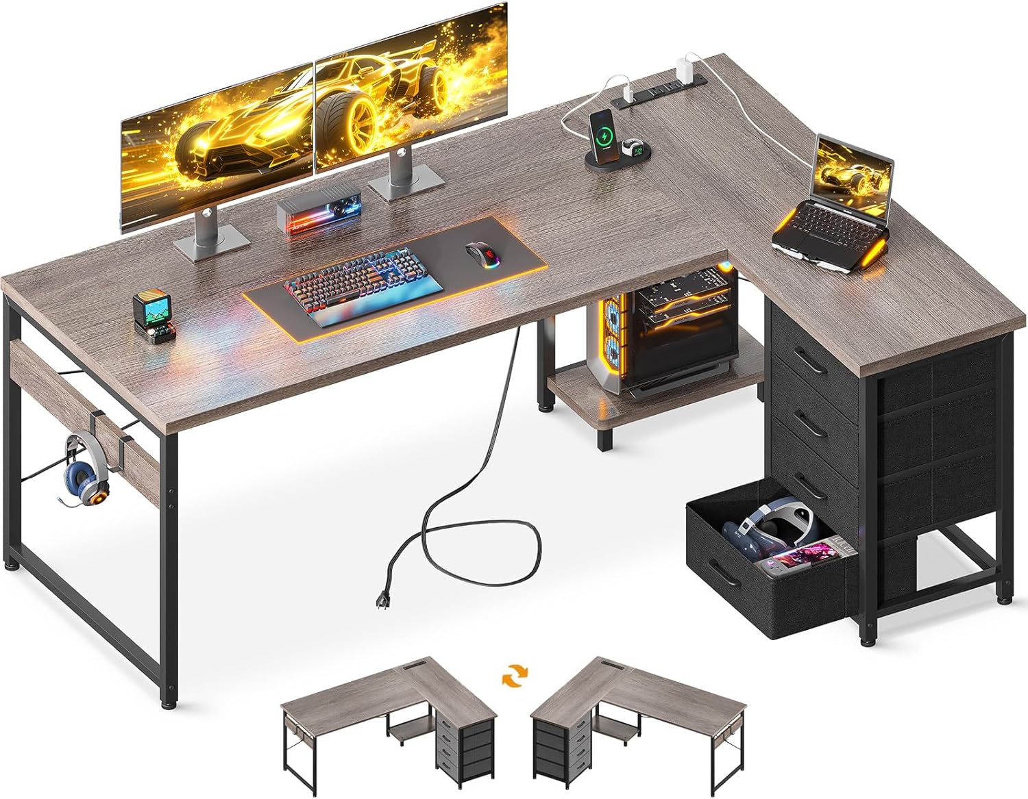 AODK L Shaped Gaming Desk with 4 Drawers, 61" Reversible Home Office Desks with Power Outlets, L Shaped Computer Desk with USB Charging Port and Host Stand, Corner Desk, Easy to Assemble, Black