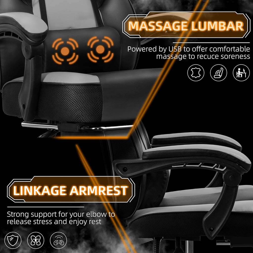 Shintenchi Gaming Chair,Video Game Chair with footrest and Massage Lumbar Support,Height Adjustable Game Chair with 360°Swivel Seat Ergonomic Computer Chair with Headrest for Office or Gaming(Grey)