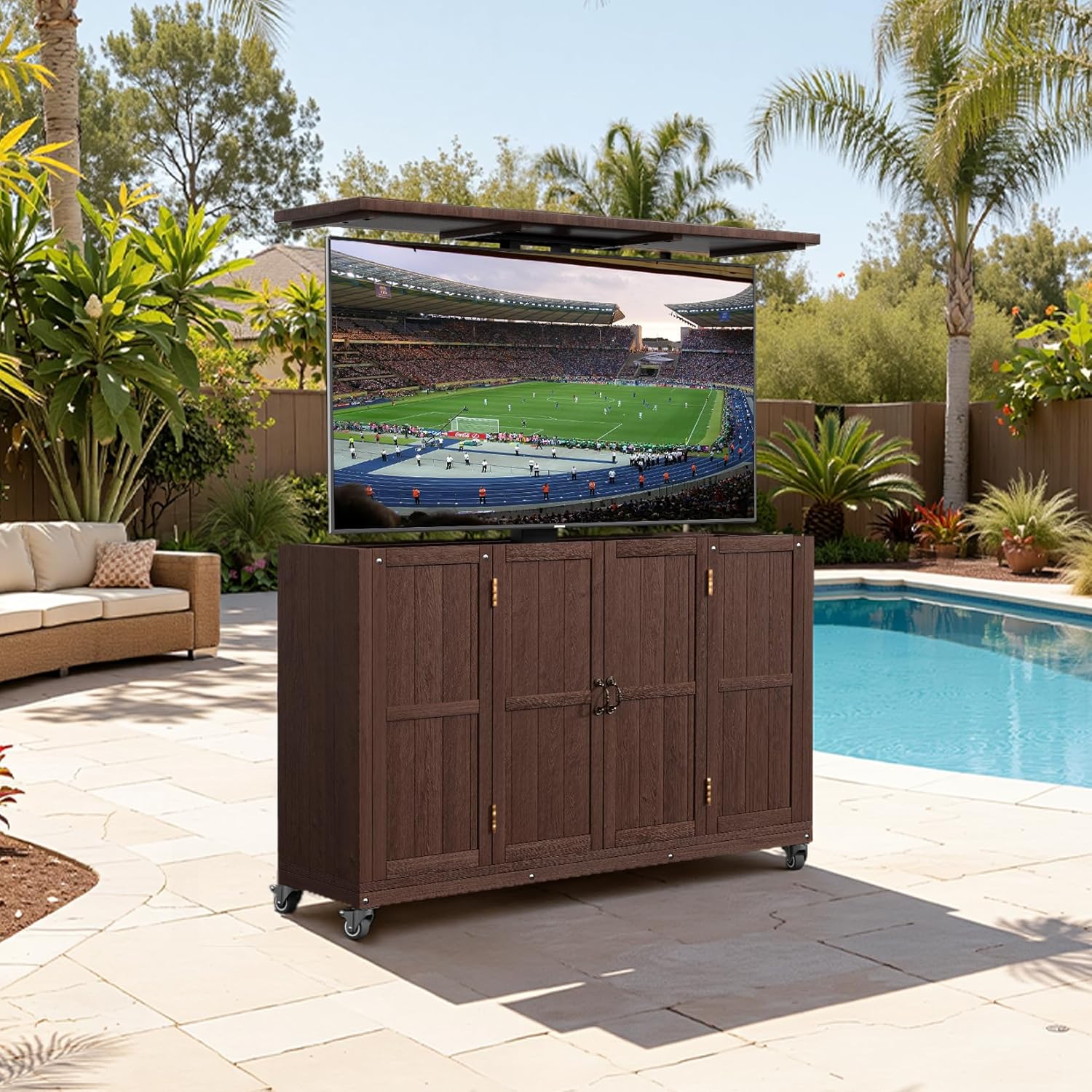 Haddockway Outdoor TV Lift Cabinet for 32–65" TVs, Solid Wood Hidden TV Lift Cabinet with Lockable Wheels, Motorized Weatherproof Outdoor TV Enclosure