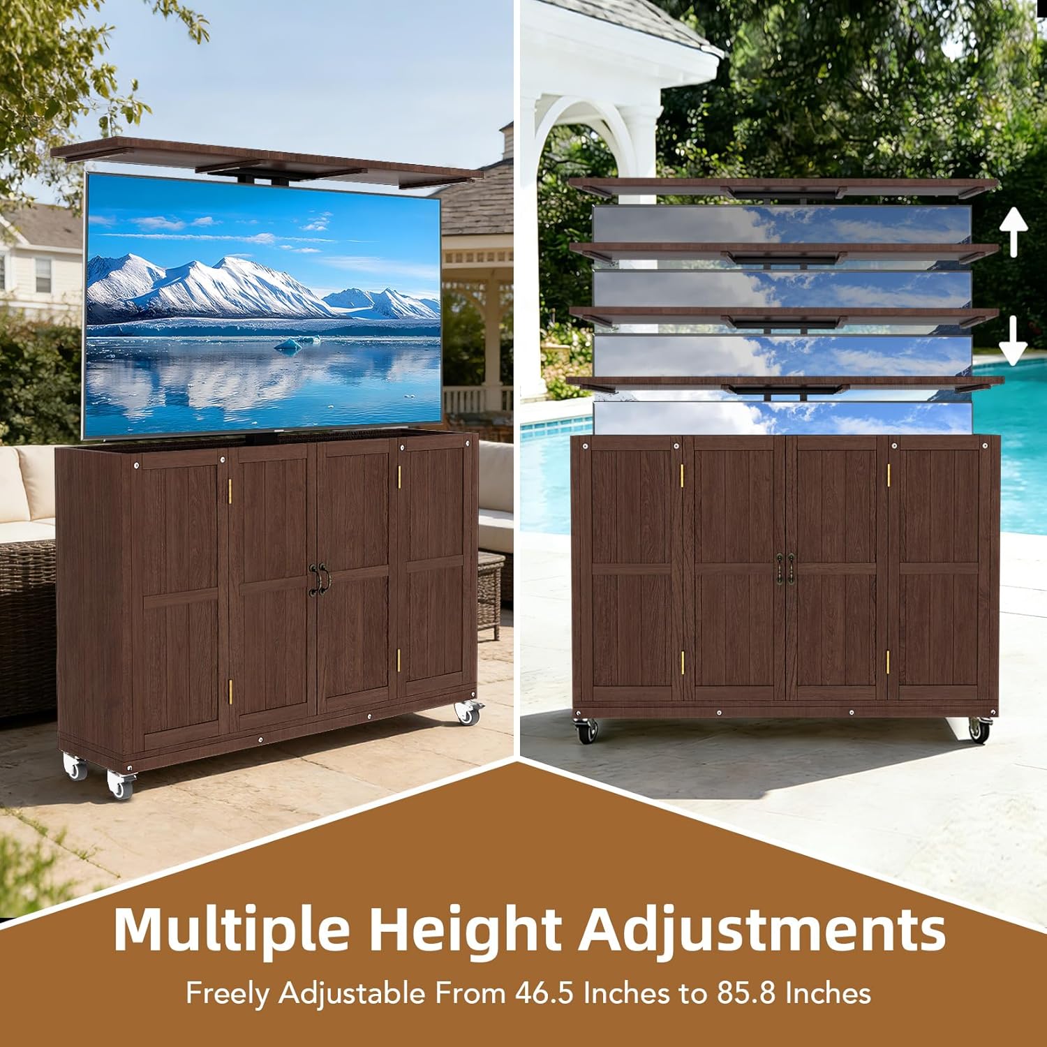Solid Wood Outdoor TV Lift Cabinet for 32-65” TVs, Mobile TV Stand on Wheels, Weatherproof Motorized TV Lift Stand,Hidden TV Enclosure for Flat Screens