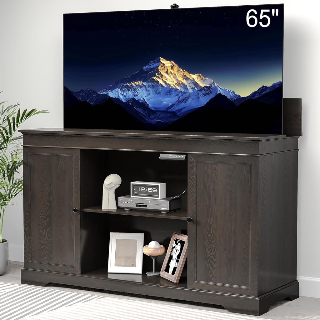 GDLF TV Lift Cabinet, Hidden Motorized Television Lift Cabinet for 55-65" TVs with Storage and Remote Control, Modern Walnut