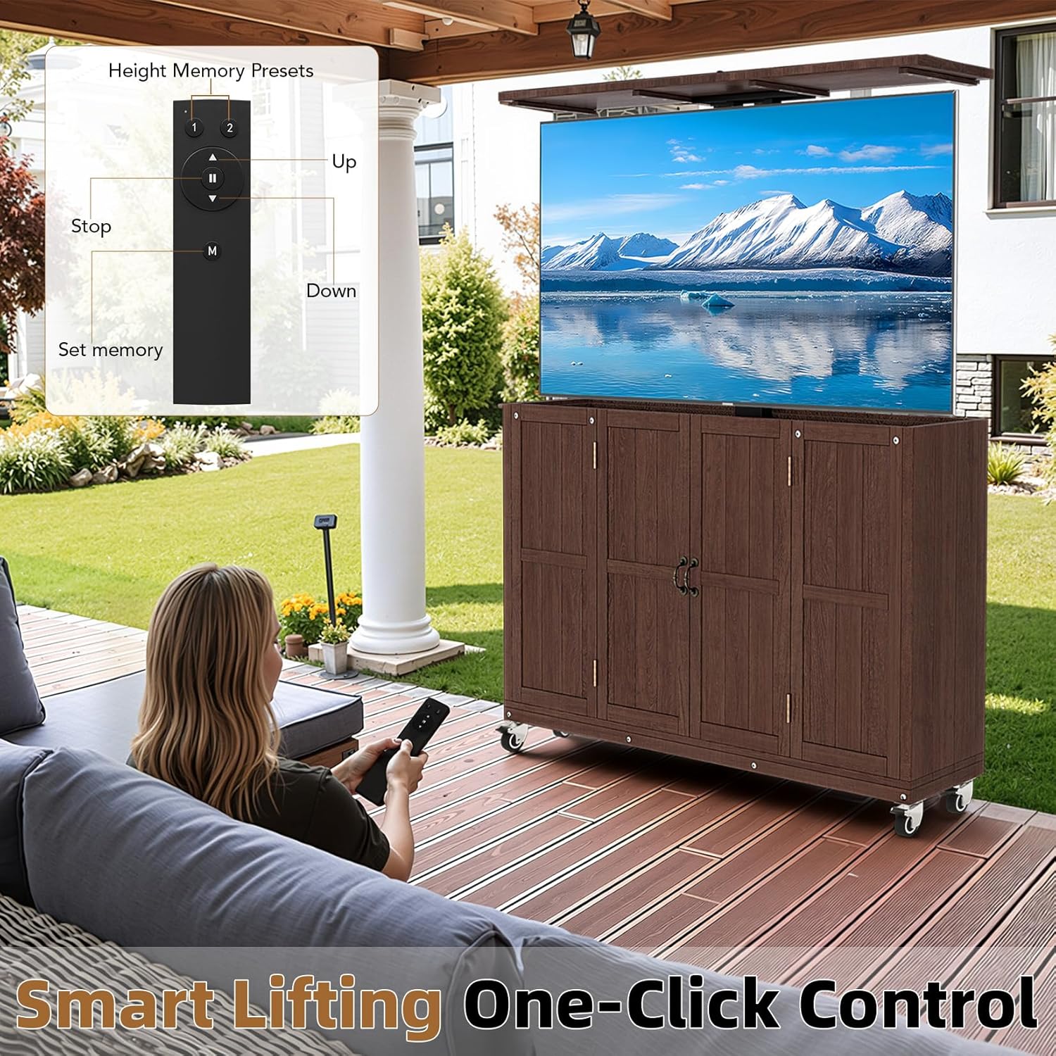 Solid Wood Outdoor TV Lift Cabinet for 32-65” TVs, Mobile TV Stand on Wheels, Weatherproof Motorized TV Lift Stand,Hidden TV Enclosure for Flat Screens