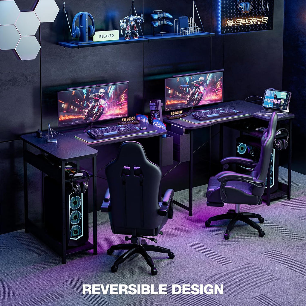 Small Gaming Desk with Power Outlets, 40 Inch L Shaped Desks with Reversible Shelves and Storage Bag,Computer Desk Corner Desk PC Desk for Gaming and Home Office Table,Black