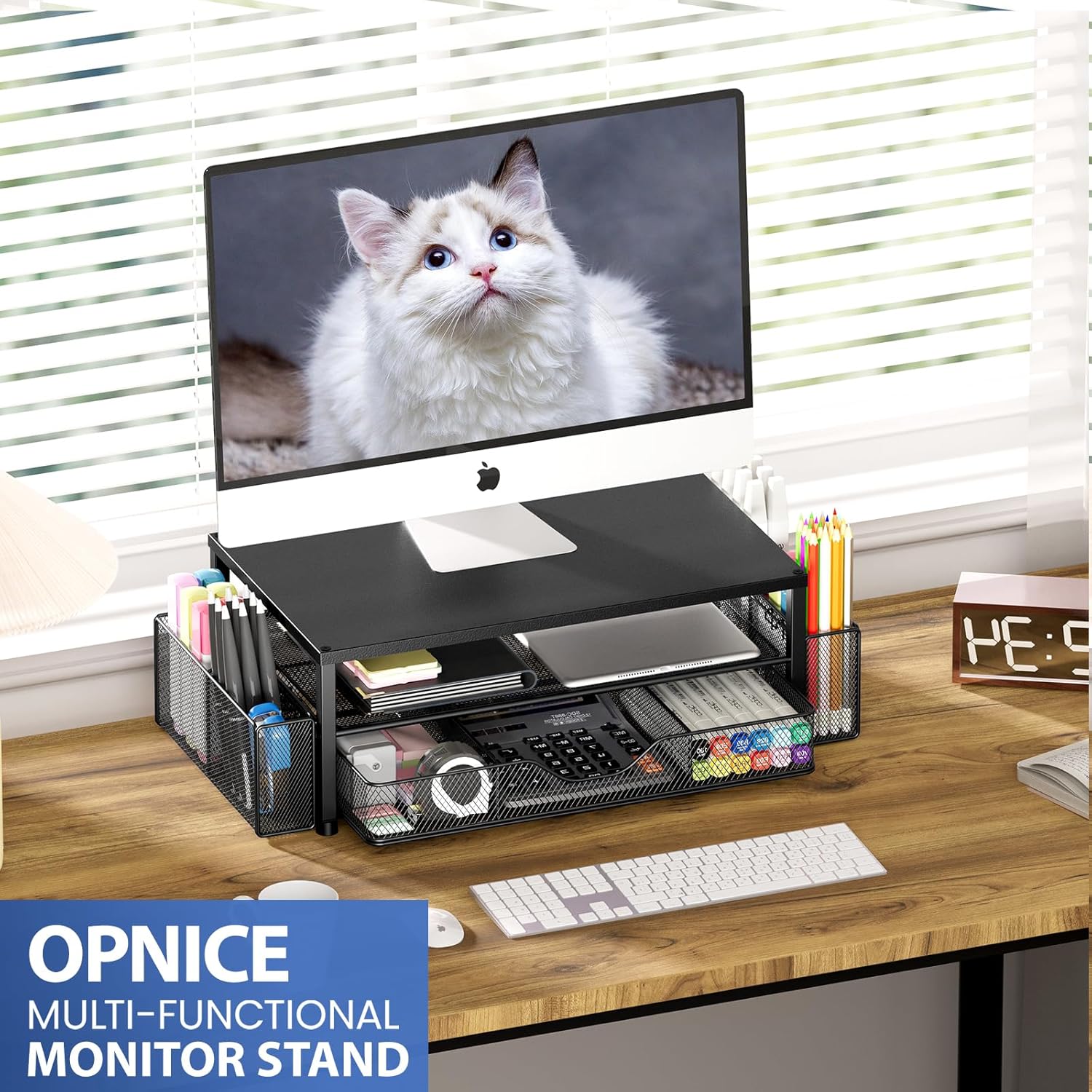 OPNICE Desk Organizer and Accessories, 2-Tier Computer Monitor Stand Riser with Drawer and 2 Pen Holders, Laptop Stand, Office Desk Accessories for Office Supplies, Black