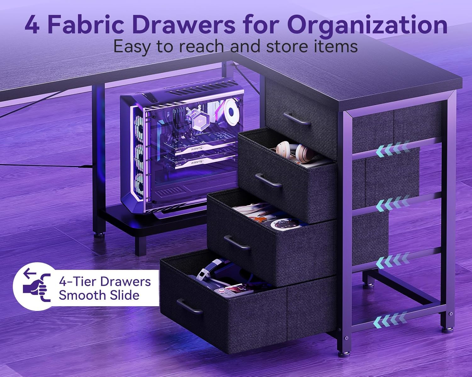 AODK L Shaped Gaming Desk with 4 Drawers, 61" Reversible Home Office Desks with Power Outlets, L Shaped Computer Desk with USB Charging Port and Host Stand, Corner Desk, Easy to Assemble, Black