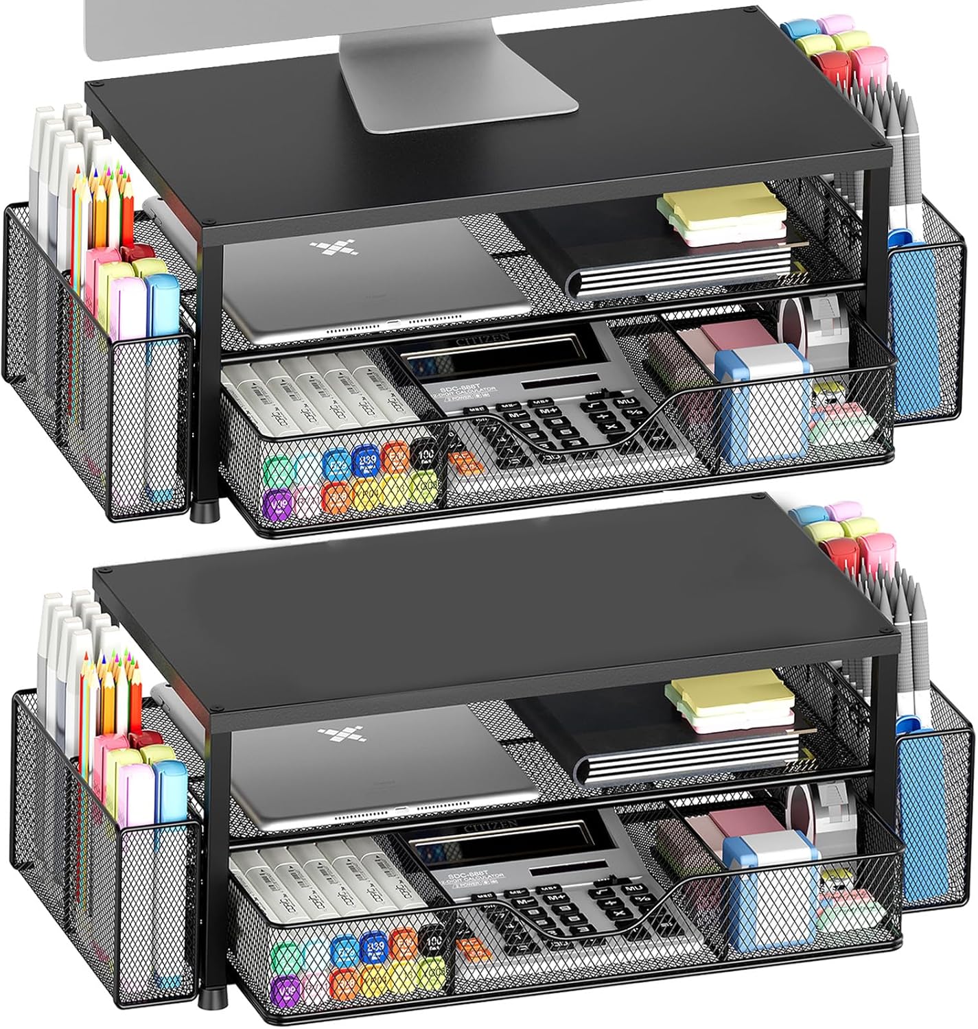 OPNICE Desk Organizer and Accessories, 2-Tier Computer Monitor Stand Riser with Drawer and 2 Pen Holders, Laptop Stand, Office Desk Accessories for Office Supplies, Black