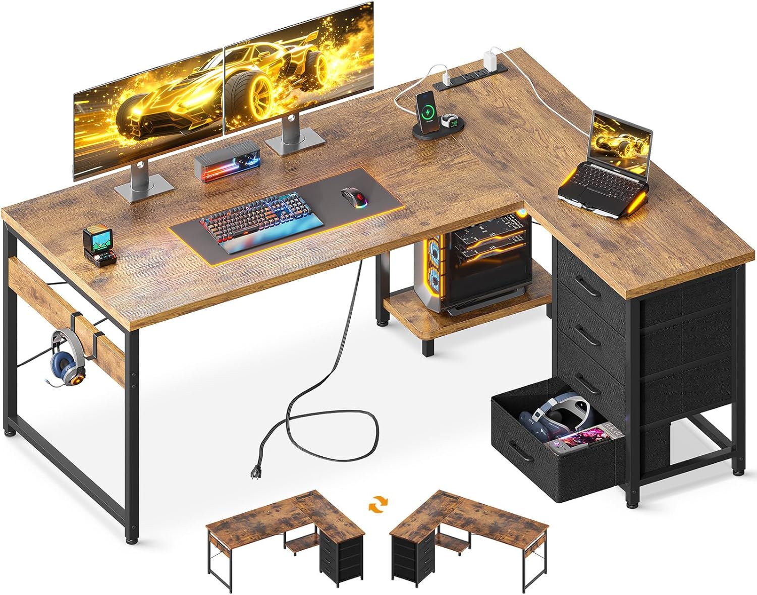 AODK L Shaped Gaming Desk with 4 Drawers, 61" Reversible Home Office Desks with Power Outlets, L Shaped Computer Desk with USB Charging Port and Host Stand, Corner Desk, Easy to Assemble, Black