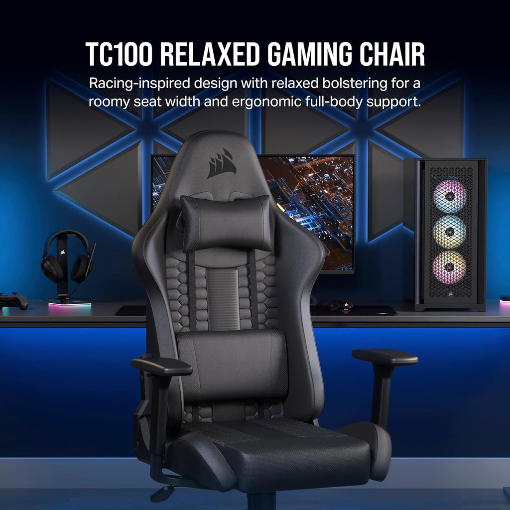 Corsair TC100 Relaxed Gaming Chair - Leatherette - Racing-Inspired Design - Lumbar Pillow - Detachable Memory Foam Neck Pillow - Adjustable Seat Height - Adjustable Armrests - Black
