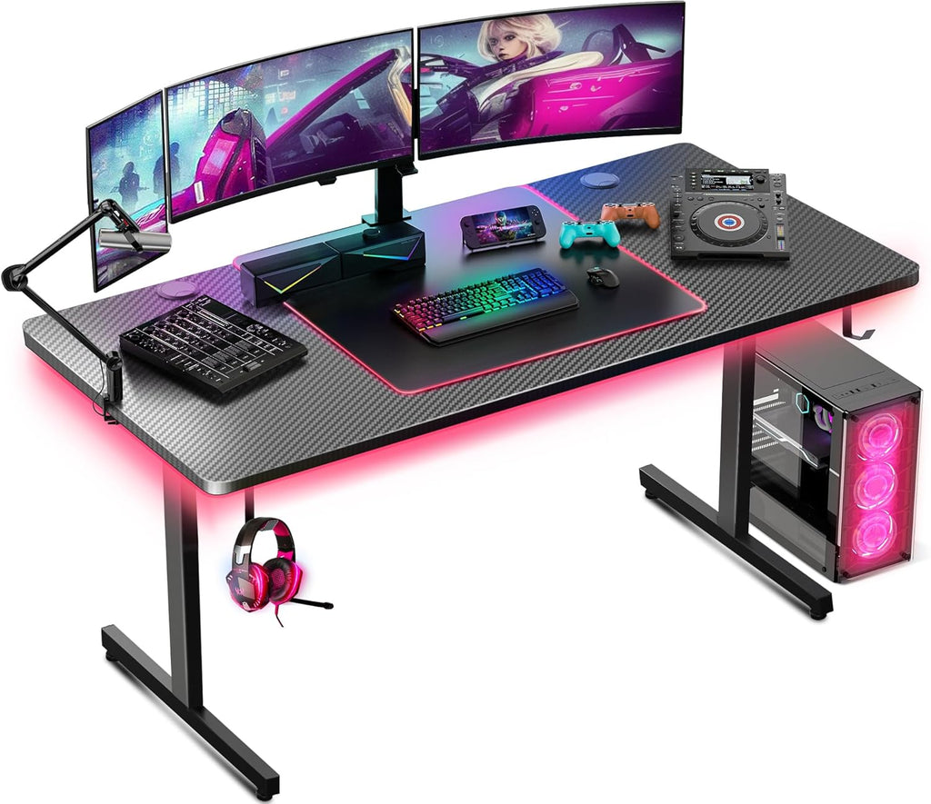 GTPLAYER Gaming Desk 55 Inch with LED Lights, Large Computer Desk with Mouse Pad for Home Office, T-Shaped Carbon Fibre Surface PC Game Workstations with Headphone Hook
