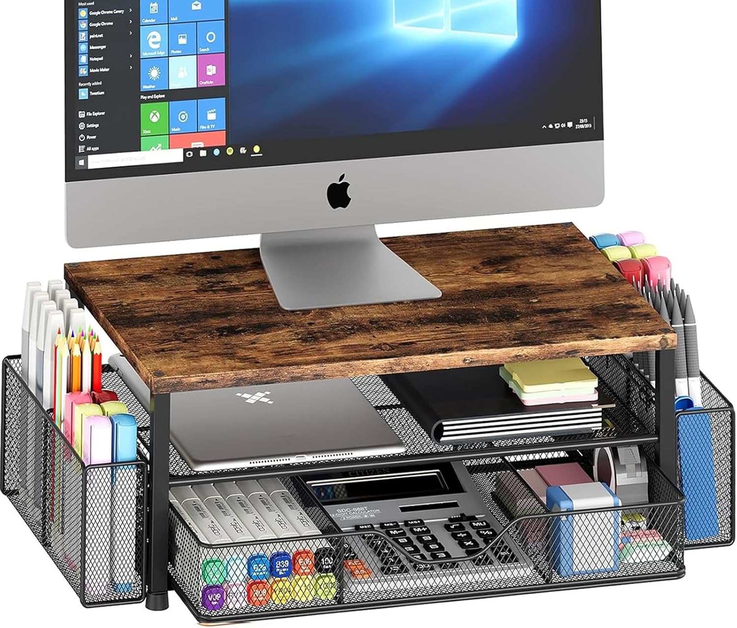 OPNICE Desk Organizer and Accessories, 2-Tier Computer Monitor Stand Riser with Drawer and 2 Pen Holders, Laptop Stand, Office Desk Accessories for Office Supplies, Black