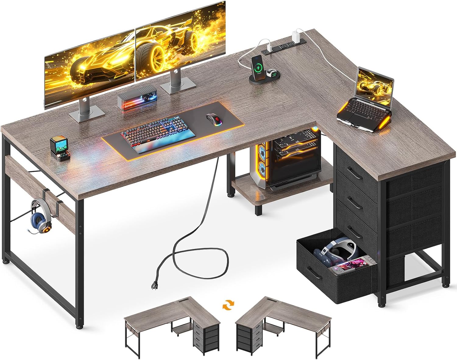 AODK L Shaped Gaming Desk with 4 Drawers, 61" Reversible Home Office Desks with Power Outlets, L Shaped Computer Desk with USB Charging Port and Host Stand, Corner Desk, Easy to Assemble, Black