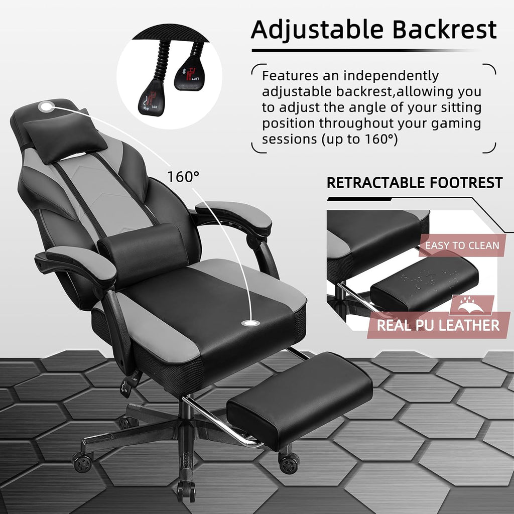 Shintenchi Gaming Chair,Video Game Chair with footrest and Massage Lumbar Support,Height Adjustable Game Chair with 360°Swivel Seat Ergonomic Computer Chair with Headrest for Office or Gaming(Grey)