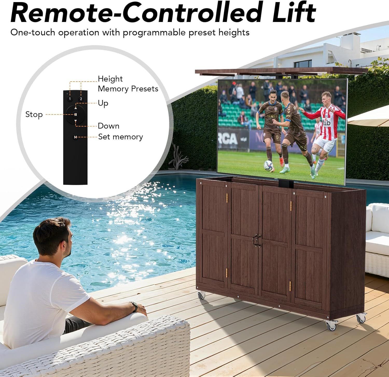 Haddockway Outdoor TV Lift Cabinet for 32–65" TVs, Solid Wood Hidden TV Lift Cabinet with Lockable Wheels, Motorized Weatherproof Outdoor TV Enclosure