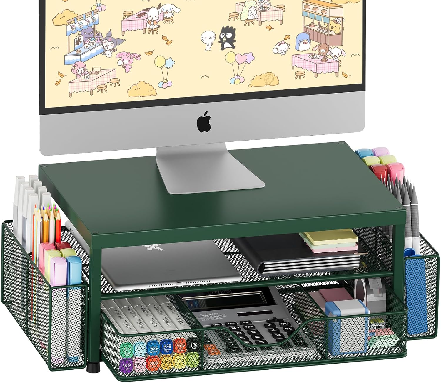 OPNICE Desk Organizer and Accessories, 2-Tier Computer Monitor Stand Riser with Drawer and 2 Pen Holders, Laptop Stand, Office Desk Accessories for Office Supplies, Black