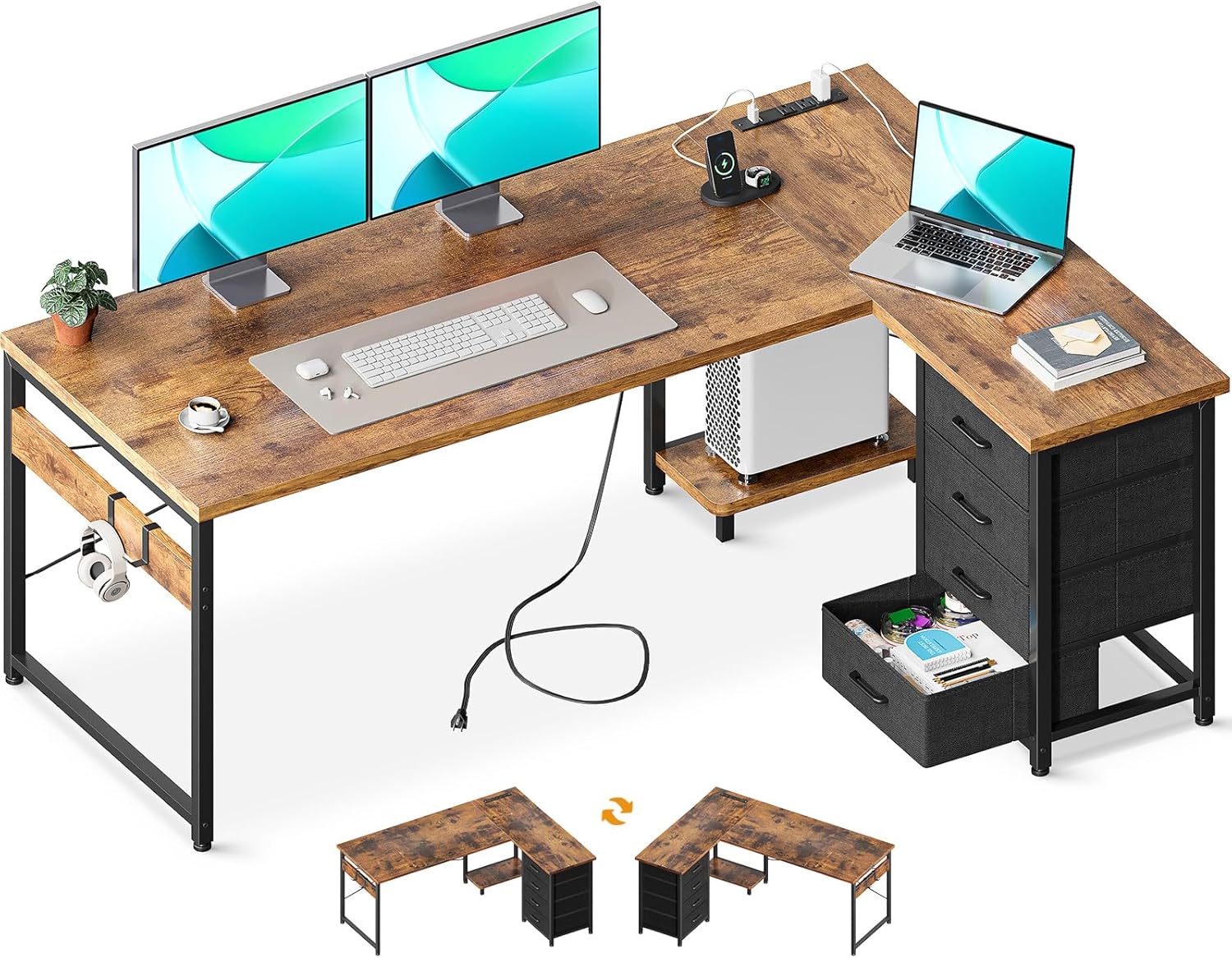 AODK L Shaped Gaming Desk with 4 Drawers, 61" Reversible Home Office Desks with Power Outlets, L Shaped Computer Desk with USB Charging Port and Host Stand, Corner Desk, Easy to Assemble, Black