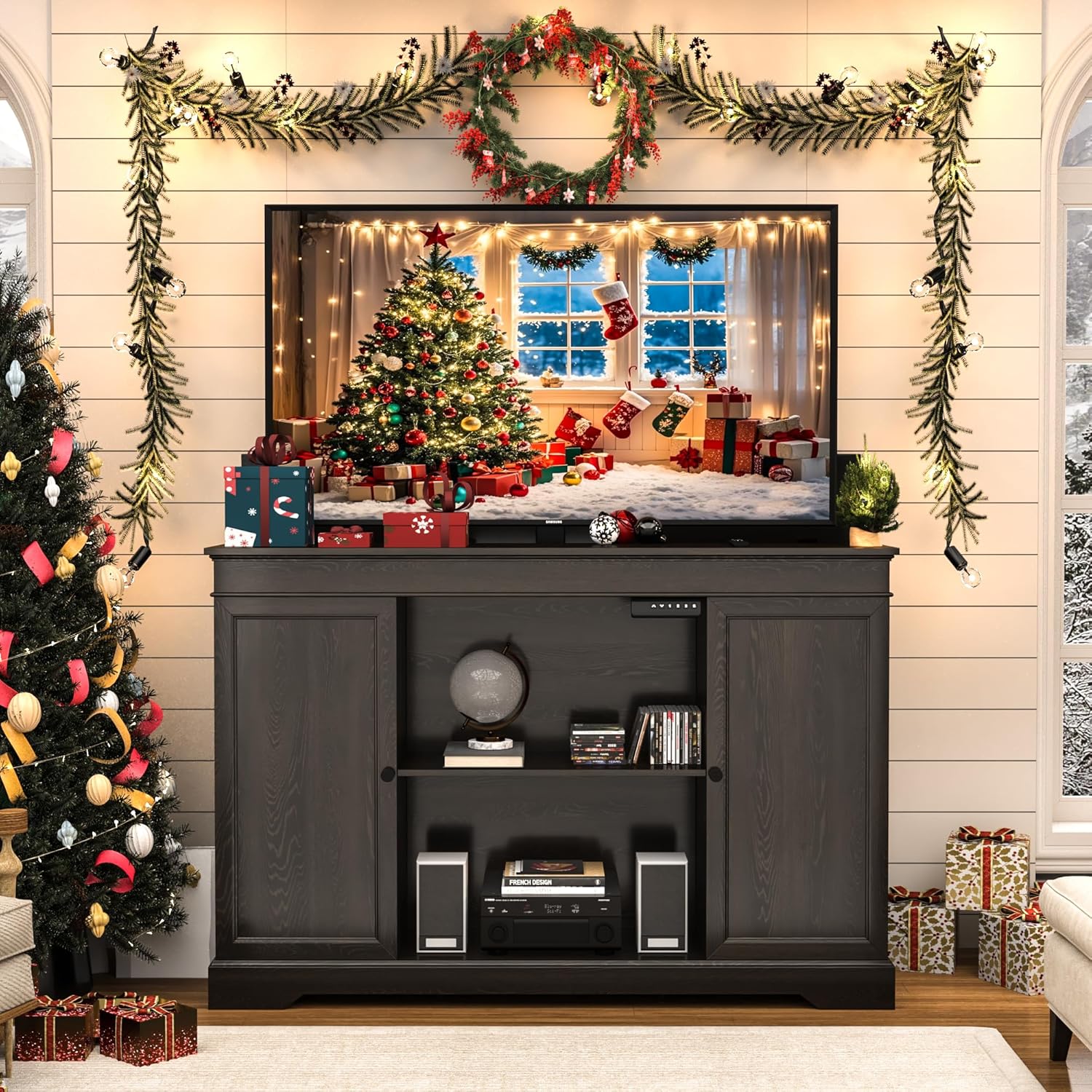 GDLF TV Lift Cabinet, Hidden Motorized Television Lift Cabinet for 55-65" TVs with Storage and Remote Control, Modern Walnut